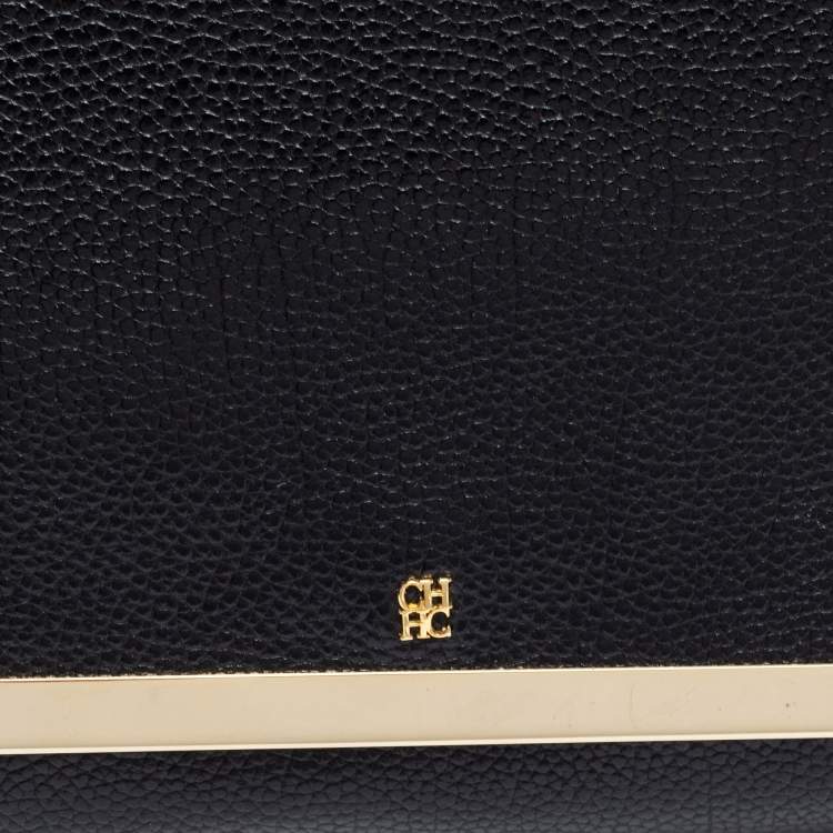 Pre Owned CH Carolina Herrera Black Leather Metal Flap Chain Clutch