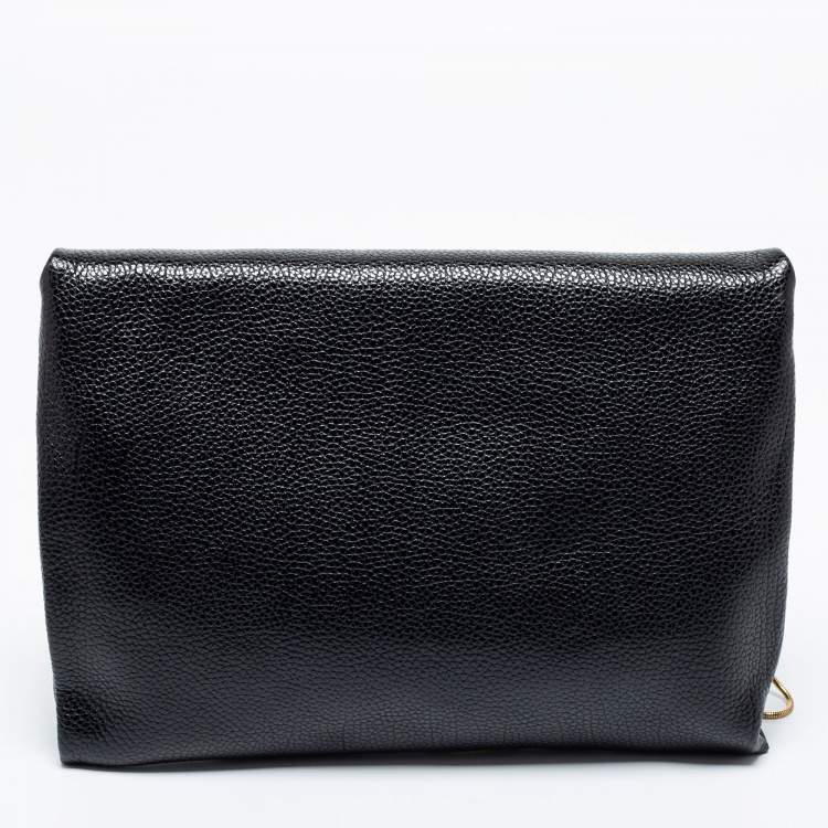 Pre Owned CH Carolina Herrera Black Leather Metal Flap Chain Clutch