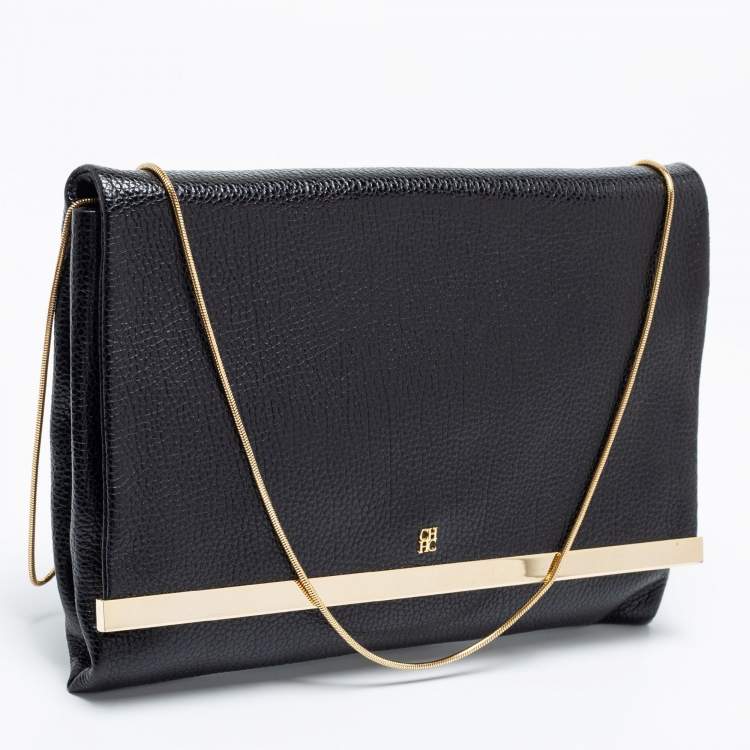 Pre Owned CH Carolina Herrera Black Leather Metal Flap Chain Clutch
