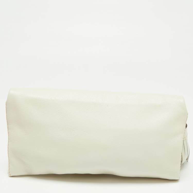 Pre Owned CH Carolina Herrera White Perforated Logo Leather Tassel Flap Chain Bag