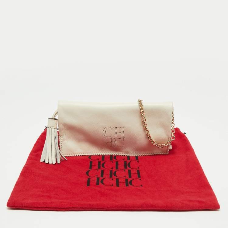 Pre Owned CH Carolina Herrera White Perforated Logo Leather Tassel Flap Chain Bag