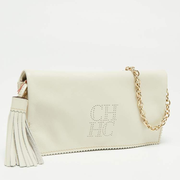 Pre Owned CH Carolina Herrera White Perforated Logo Leather Tassel Flap Chain Bag