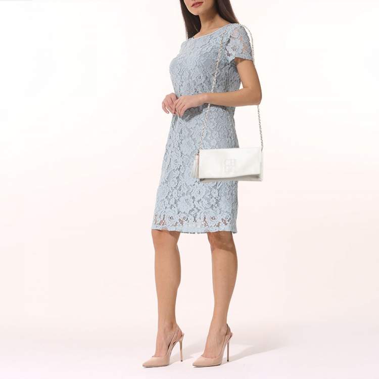 Pre Owned CH Carolina Herrera White Perforated Logo Leather Tassel Flap Chain Bag