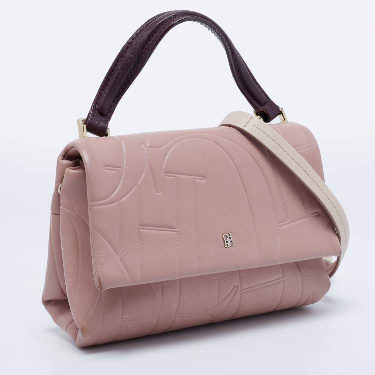 Pre Owned CH Carolina Herrera Pink Embossed Leather Flap Top Handle Bag
