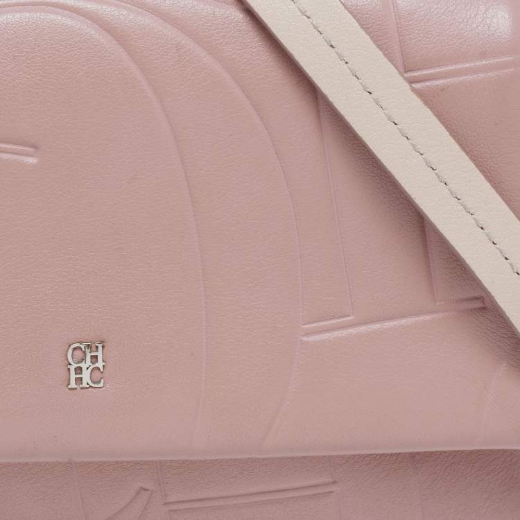 Pre Owned CH Carolina Herrera Pink Embossed Leather Flap Top Handle Bag