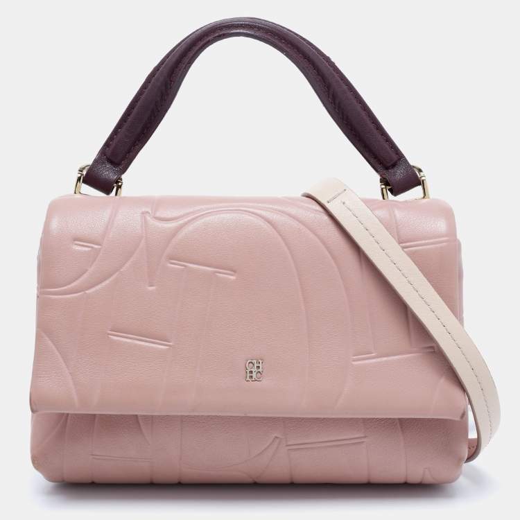 Pre Owned CH Carolina Herrera Pink Embossed Leather Flap Top Handle Bag