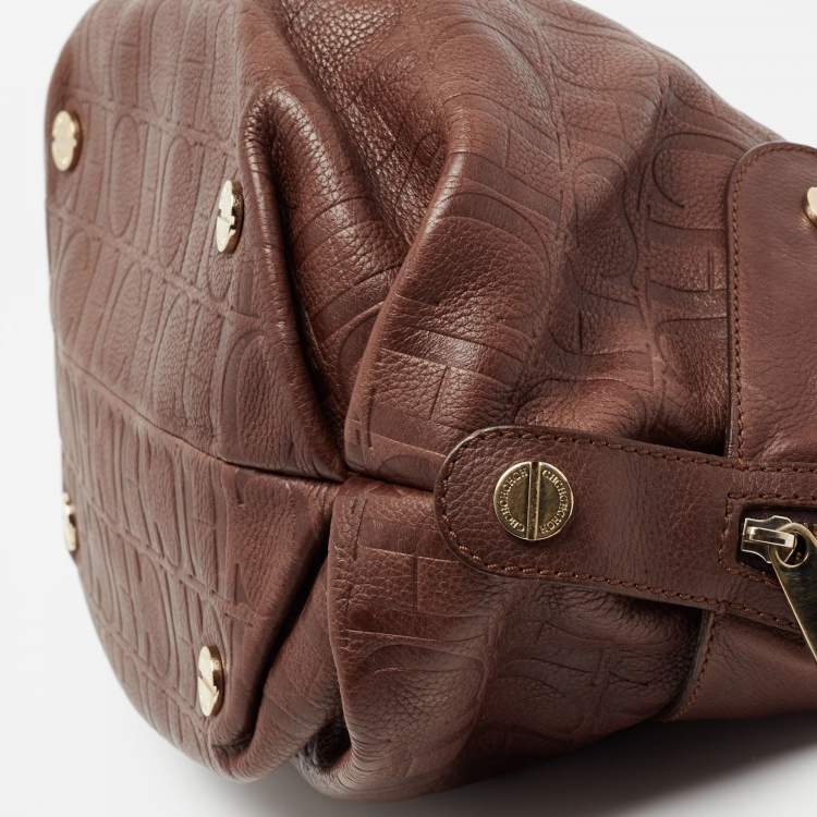Pre Owned CH Carolina Herrera Dark Brown Monogram Embossed Leather Zip Satchel