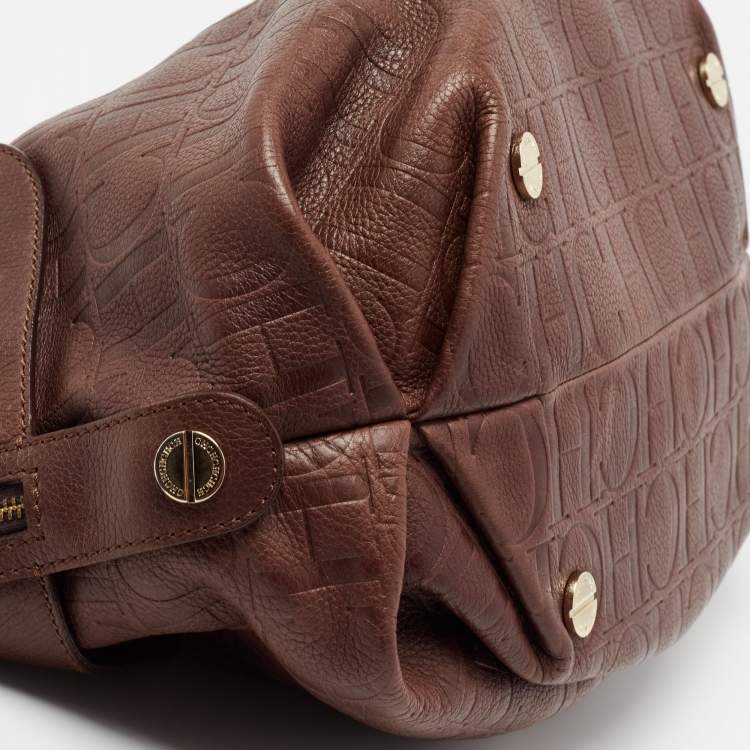 Pre Owned CH Carolina Herrera Dark Brown Monogram Embossed Leather Zip Satchel