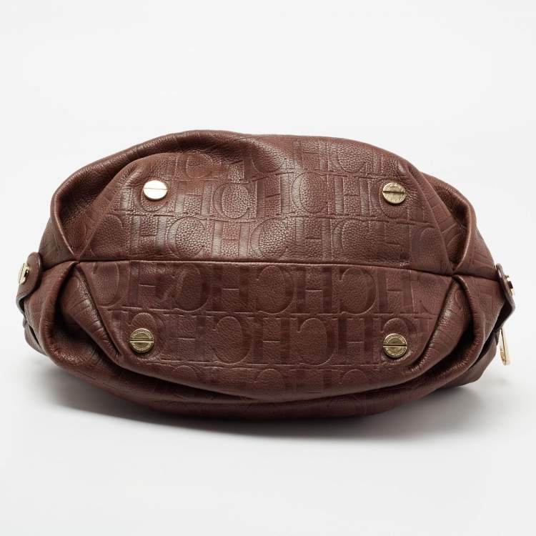 Pre Owned CH Carolina Herrera Dark Brown Monogram Embossed Leather Zip Satchel