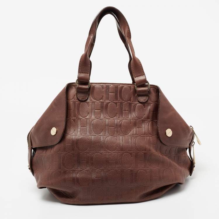 Pre Owned CH Carolina Herrera Dark Brown Monogram Embossed Leather Zip Satchel
