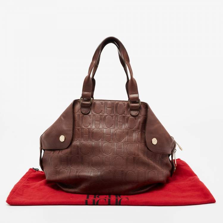 Pre Owned CH Carolina Herrera Dark Brown Monogram Embossed Leather Zip Satchel