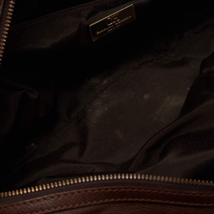 Pre Owned CH Carolina Herrera Dark Brown Monogram Embossed Leather Zip Satchel