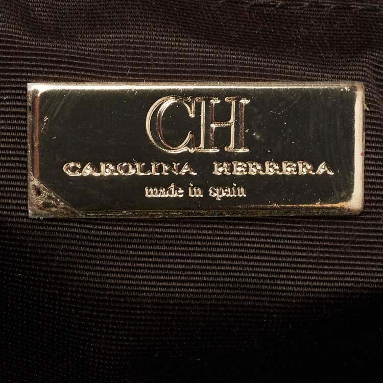 Pre Owned CH Carolina Herrera Dark Brown Monogram Embossed Leather Zip Satchel