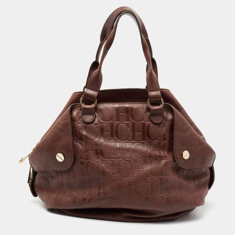 Pre Owned CH Carolina Herrera Dark Brown Monogram Embossed Leather Zip Satchel