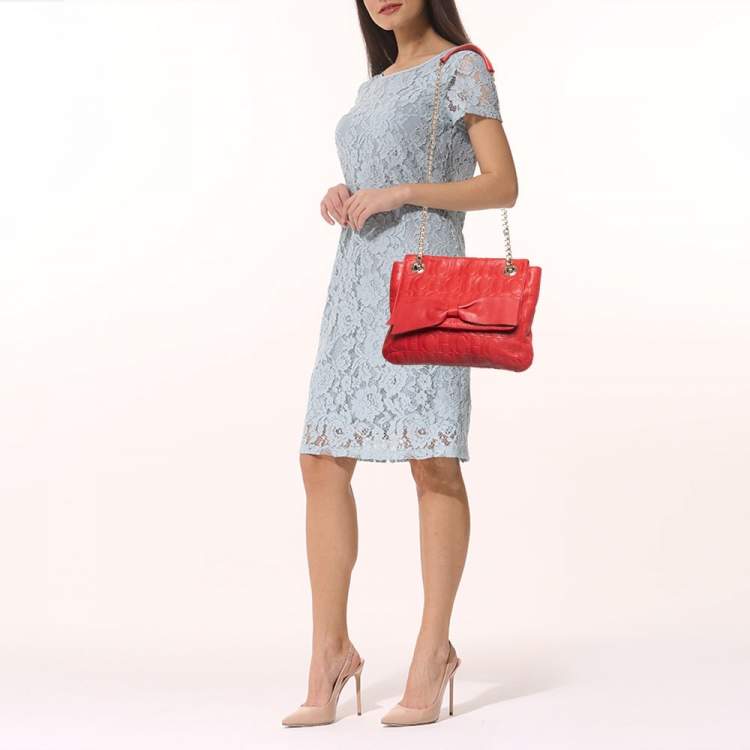 Pre Owned CH Carolina Herrera Red Monogram Leather Audrey Shoulder Bag