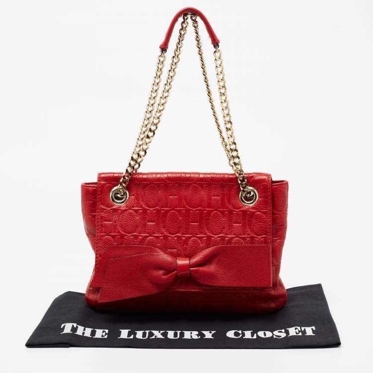 Pre Owned CH Carolina Herrera Red Monogram Leather Audrey Shoulder Bag
