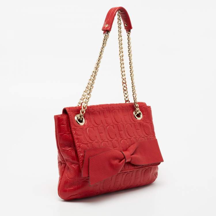 Pre Owned CH Carolina Herrera Red Monogram Leather Audrey Shoulder Bag