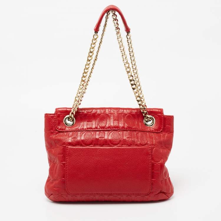 Pre Owned CH Carolina Herrera Red Monogram Leather Audrey Shoulder Bag
