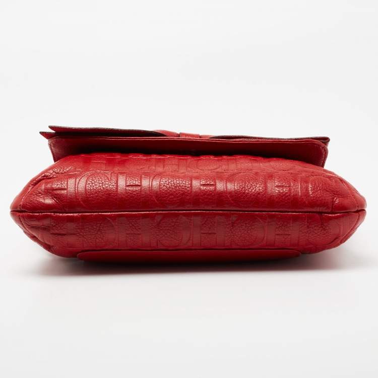 Pre Owned CH Carolina Herrera Red Monogram Leather Audrey Shoulder Bag