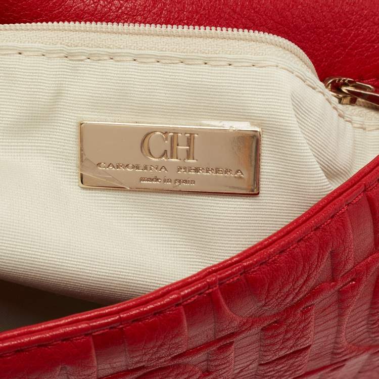 Pre Owned CH Carolina Herrera Red Monogram Leather Audrey Shoulder Bag