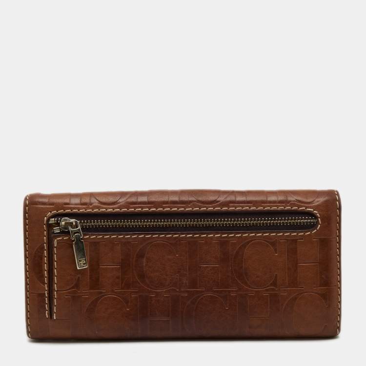 Pre Owned CH Carolina Herrera Brown Monogram Leather Flap Continental Wallet