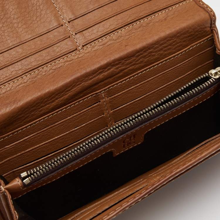 Pre Owned CH Carolina Herrera Brown Monogram Leather Flap Continental Wallet