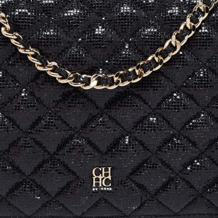 Pre Owned CH Carolina Herrera Black Quilted Shimmer Fabric Flap Chain Shoulder Bag