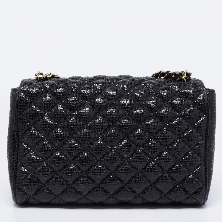 Pre Owned CH Carolina Herrera Black Quilted Shimmer Fabric Flap Chain Shoulder Bag