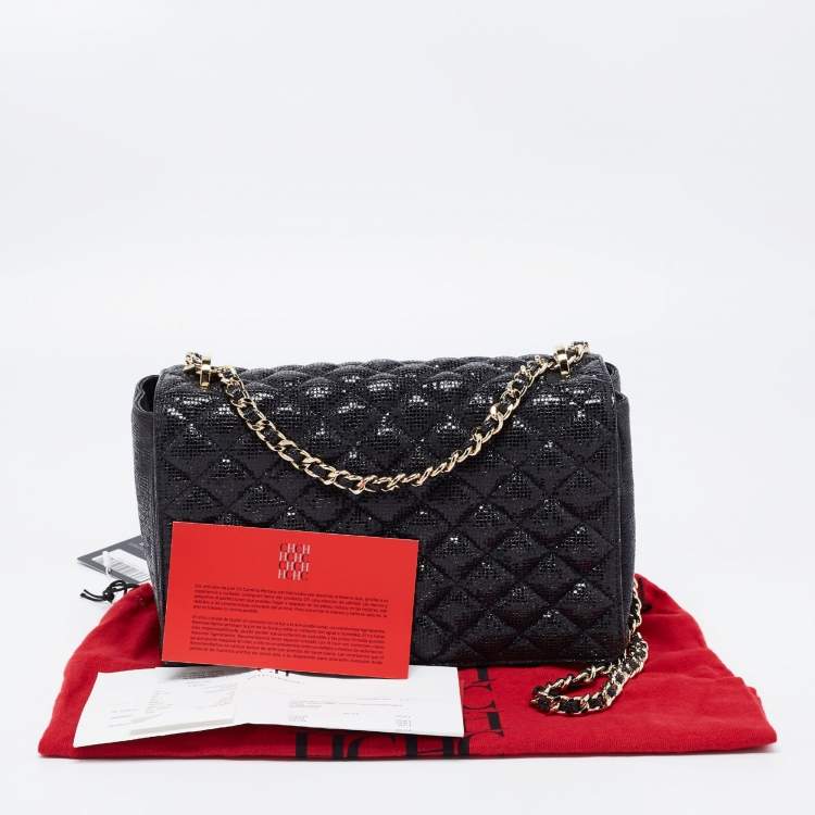 Pre Owned CH Carolina Herrera Black Quilted Shimmer Fabric Flap Chain Shoulder Bag