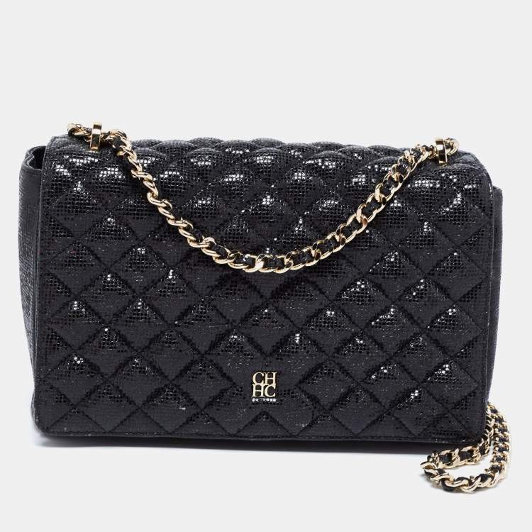 Pre Owned CH Carolina Herrera Black Quilted Shimmer Fabric Flap Chain Shoulder Bag