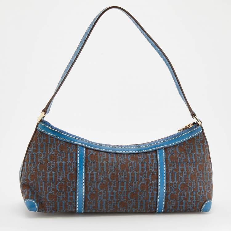 Pre Owned CH Carolina Herrera Blue/ Grey Coated Canvas and Leather Shoulder Bag