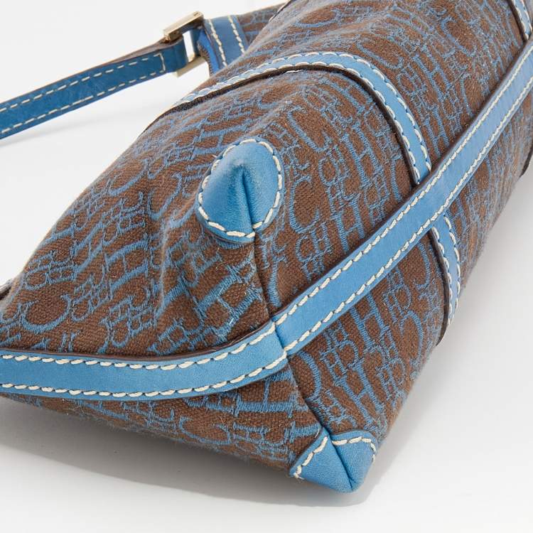 Pre Owned CH Carolina Herrera Blue/ Grey Coated Canvas and Leather Shoulder Bag