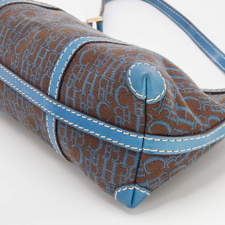 Pre Owned CH Carolina Herrera Blue/ Grey Coated Canvas and Leather Shoulder Bag