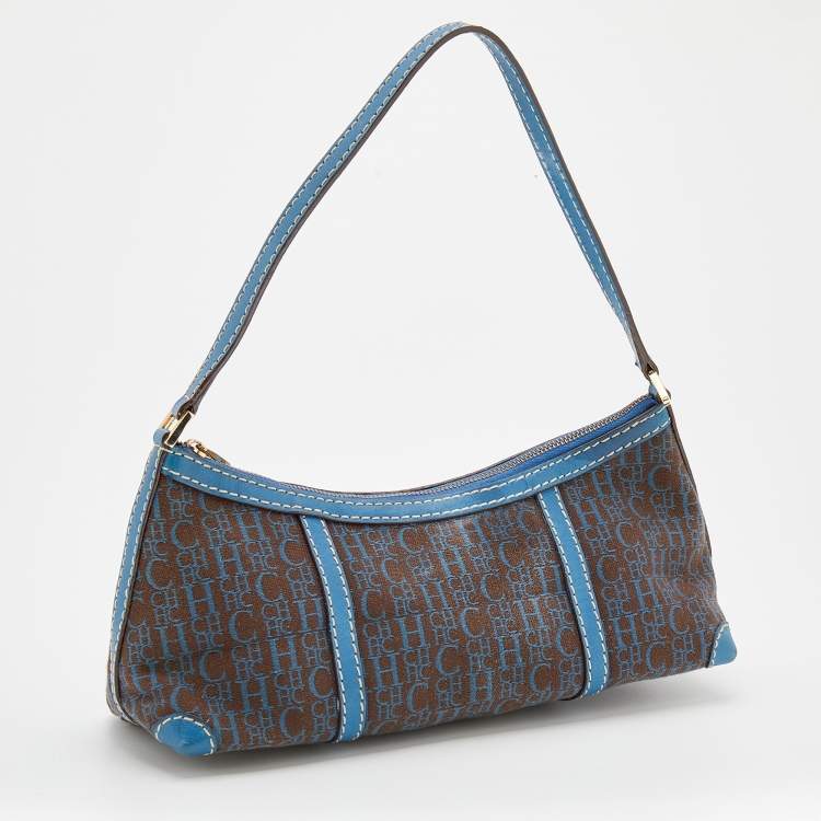 Pre Owned CH Carolina Herrera Blue/ Grey Coated Canvas and Leather Shoulder Bag
