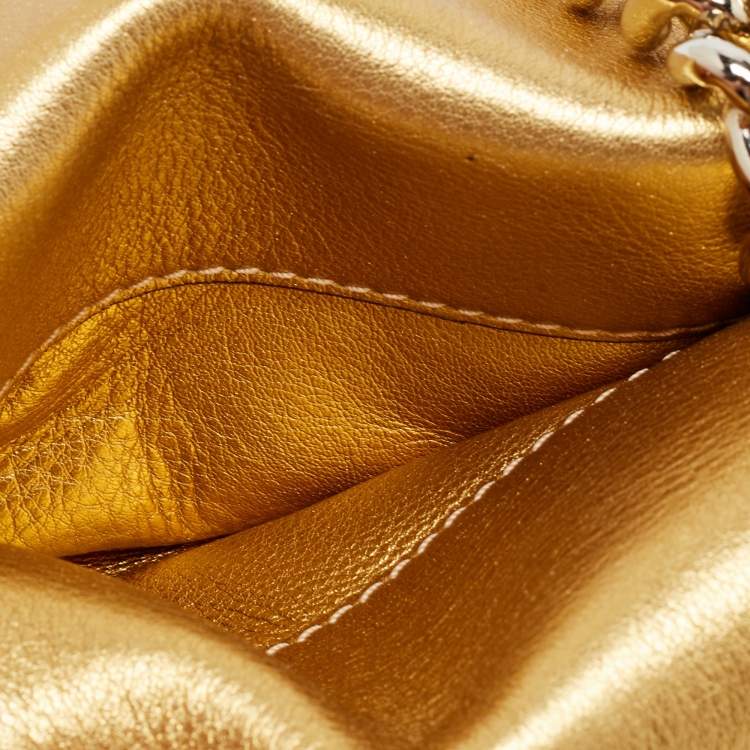 Pre Owned CH Carolina Herrera Gold Leather Logo Double Flap Chain Baguette Bag