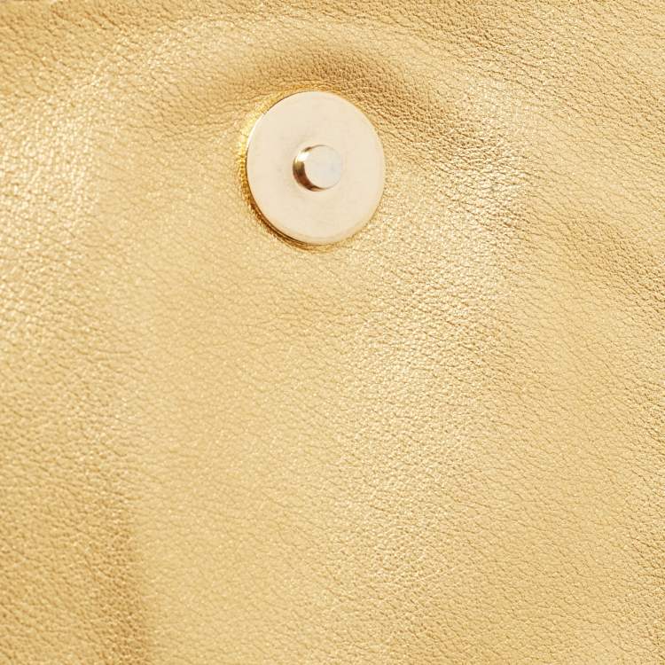 Pre Owned CH Carolina Herrera Gold Leather Logo Double Flap Chain Baguette Bag