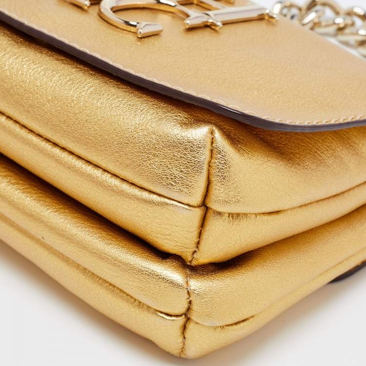 Pre Owned CH Carolina Herrera Gold Leather Logo Double Flap Chain Baguette Bag