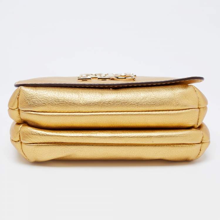 Pre Owned CH Carolina Herrera Gold Leather Logo Double Flap Chain Baguette Bag