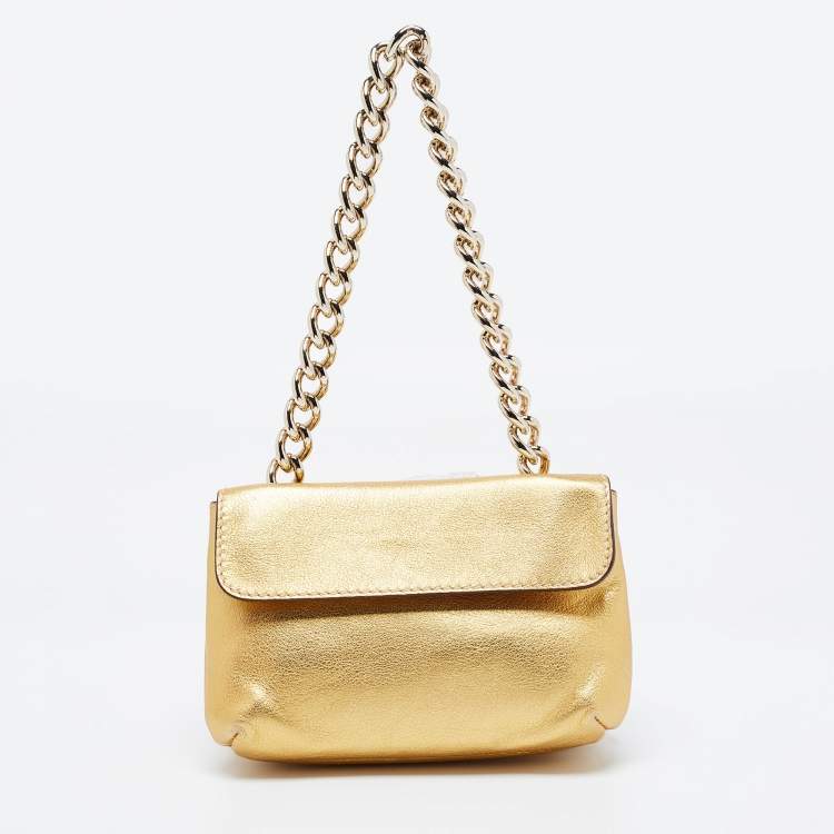 Pre Owned CH Carolina Herrera Gold Leather Logo Double Flap Chain Baguette Bag