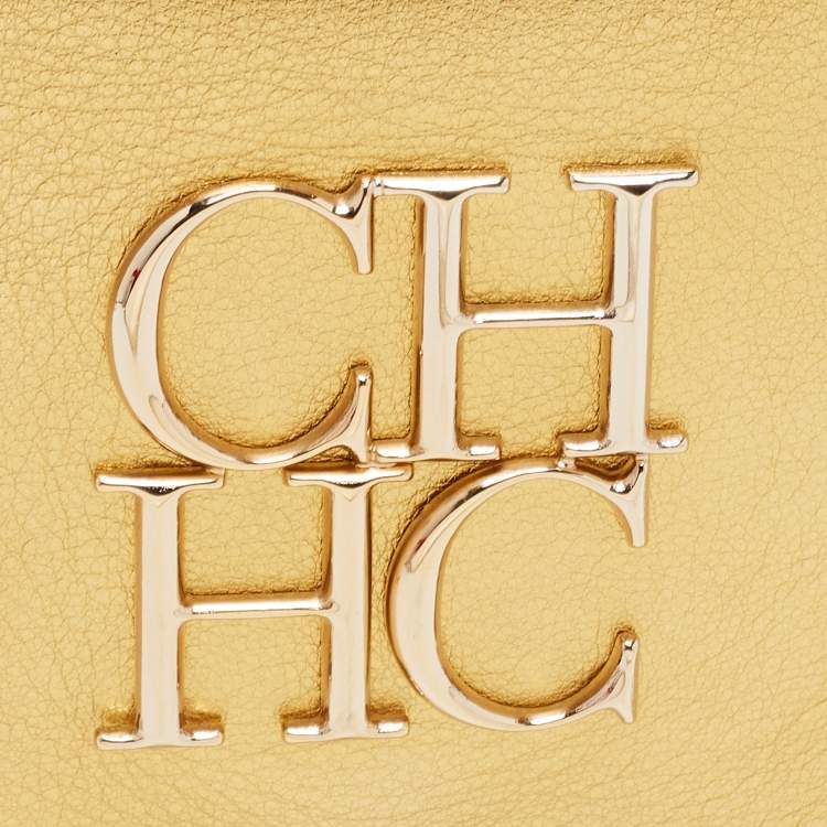 Pre Owned CH Carolina Herrera Gold Leather Logo Double Flap Chain Baguette Bag