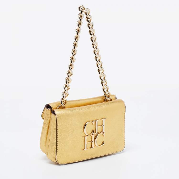 Pre Owned CH Carolina Herrera Gold Leather Logo Double Flap Chain Baguette Bag