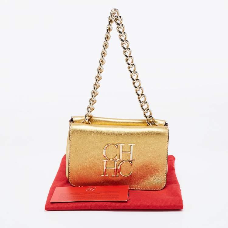 Pre Owned CH Carolina Herrera Gold Leather Logo Double Flap Chain Baguette Bag