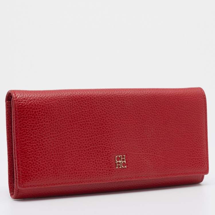 Pre Owned CH Carolina Herrera Red Leather Flap Continental Wallet