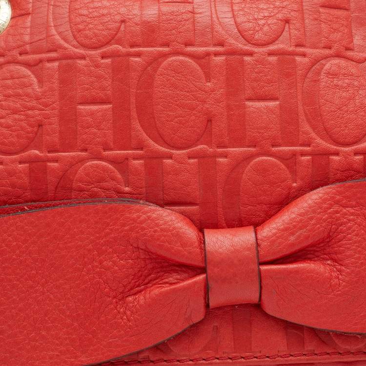 Pre Owned CH Carolina Herrera Red Monogram Leather Audrey Shoulder Bag