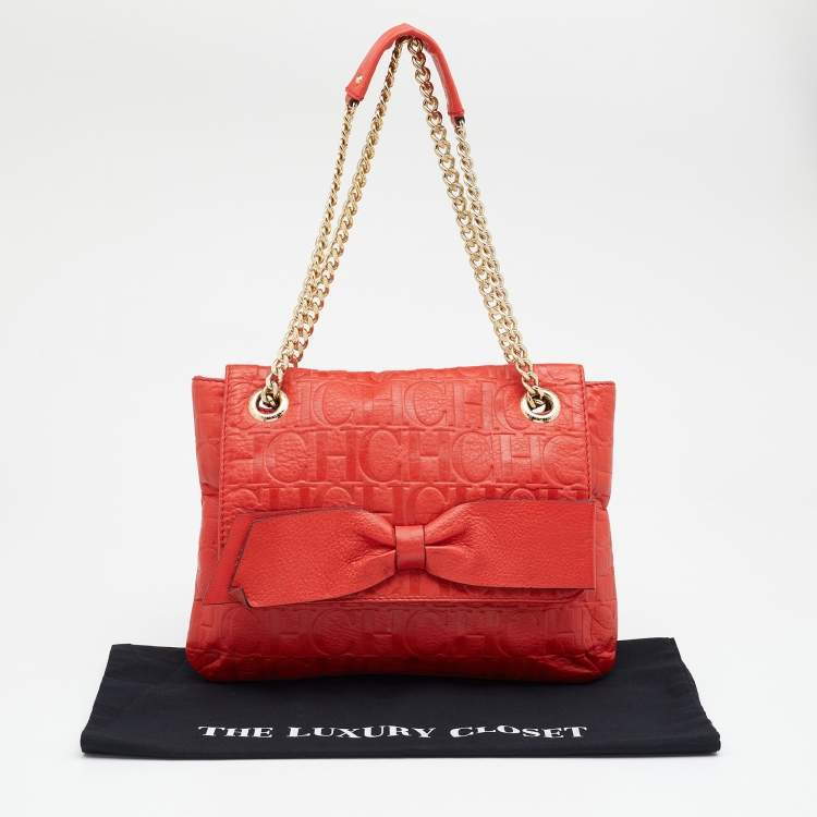 Pre Owned CH Carolina Herrera Red Monogram Leather Audrey Shoulder Bag