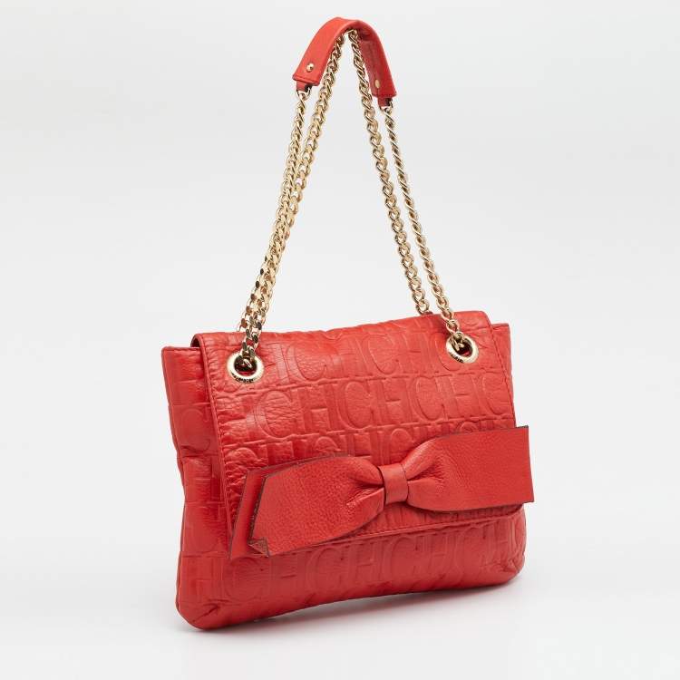 Pre Owned CH Carolina Herrera Red Monogram Leather Audrey Shoulder Bag