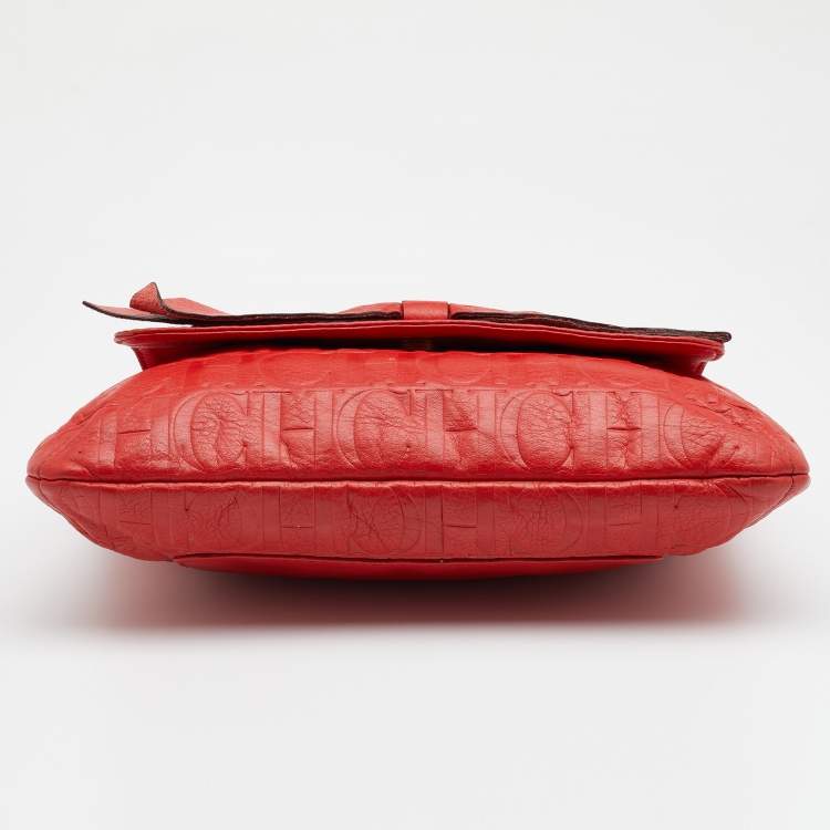 Pre Owned CH Carolina Herrera Red Monogram Leather Audrey Shoulder Bag