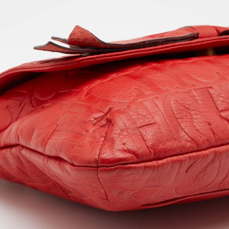 Pre Owned CH Carolina Herrera Red Monogram Leather Audrey Shoulder Bag