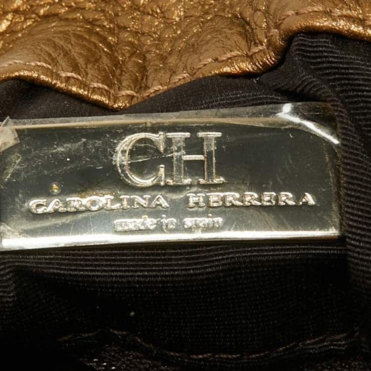 Pre Owned CH Carolina Herrera Metallic Gold Embossed Leather Bow Bucket Bag