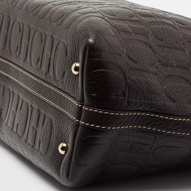 Pre Owned CH Carolina Herrera Dark Brown Monogram Embossed Leather Shopper Tote